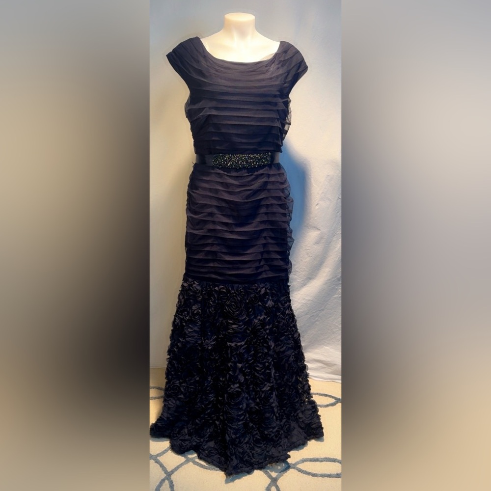 Beaded Waist Navy Ruffled Maxi Dress